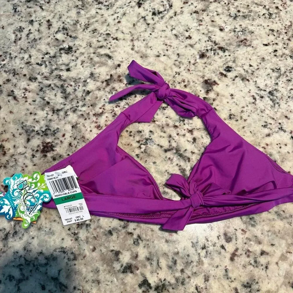 BCBG Purple Halter Bikini Top Women's Size L Tie Back Adjustable Straps NWT